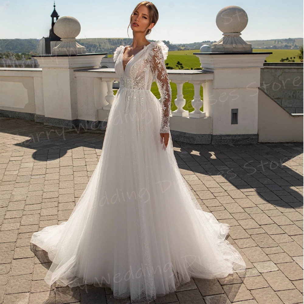 

Luxurious A Line Women's Wedding Dresses Graceful Appliques Lace Bride Gowns Sexy V Neck Long Sleeve Backless Vestidos De Novia