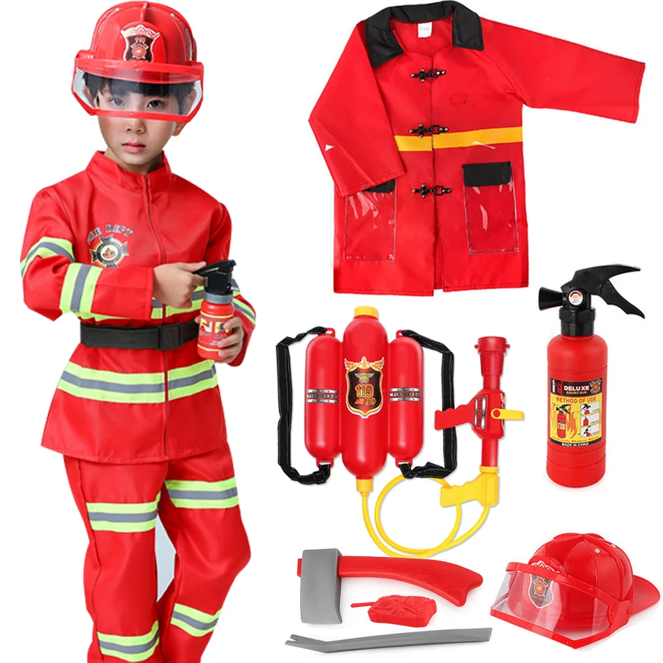 Children Firefighter Fireman Cosplay Toy Fire Chief Role Play Pretend Firemen Caps Clothes Extinguishers Water Gun Nozzle Toys