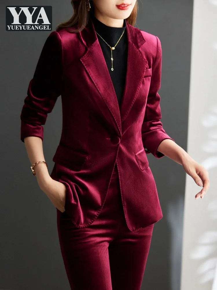 Elegant Office Ladies Velvet Suit Set Slim Fit Women Work Matching Two Piece Sets Blazer Jacket Wide Leg Pants Autumn Suits 4XL