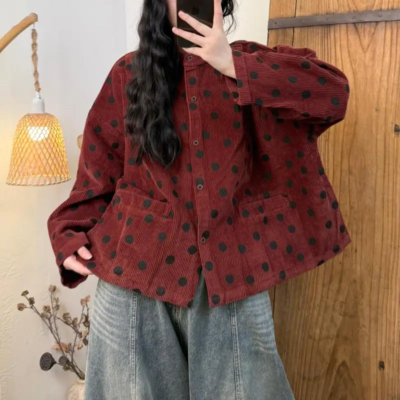 Autumn New Arts Style Women Long Sleeve Single Breasted Loose Casual Jackets High Quality Cotton Corduroy Dot Print Coats TH99