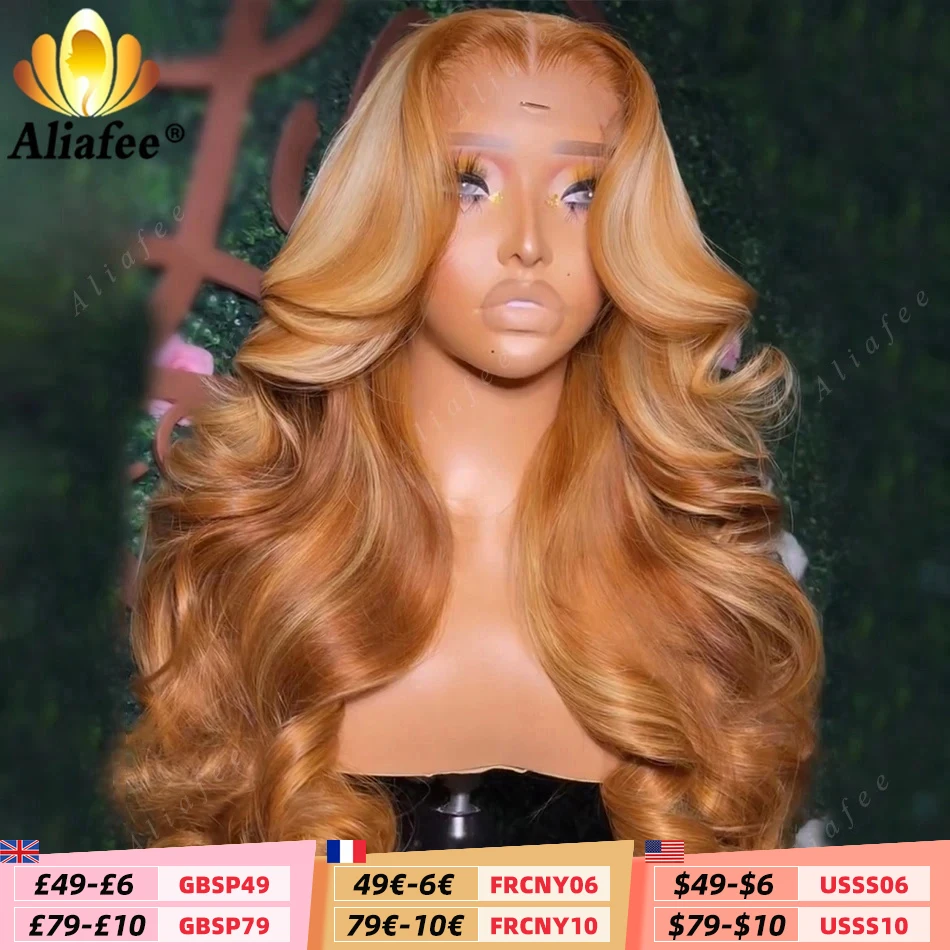 

Honey Blonde Highlight Body Wave 13X6 Lace Frontal Wig Transparent PrePlucked Blonde 13X4 Lace Front Human Hair Wigs For Women