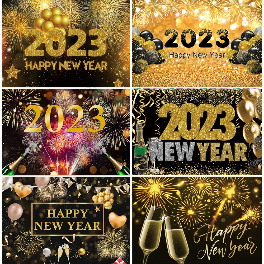 

DIXSG 2023 Happy New Year Photography Backdrop Gold Bokeh Glitters Family Party Banner Background Fireworks Photo Studio Props