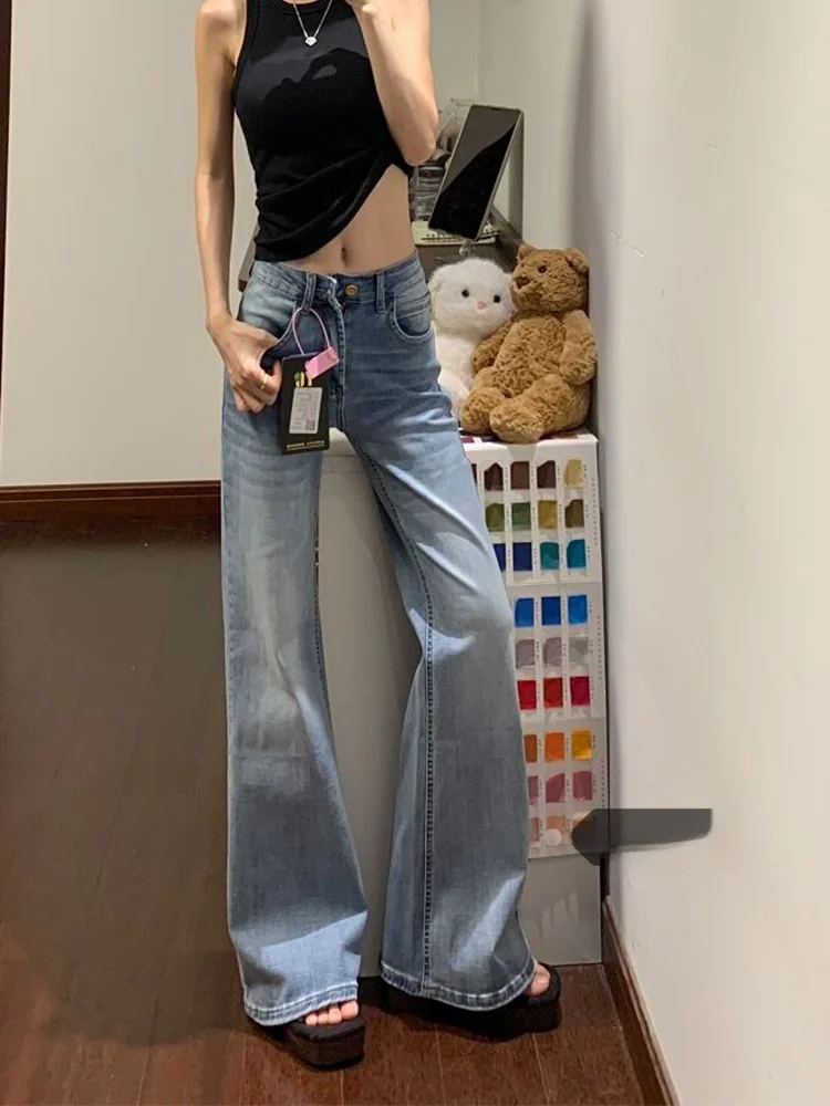 

Retro Low Waist Wide Leg Jeans Women's Light Blue Bell Bottoms Slim Fit Summer New High Street Thin Leg Pants American Style