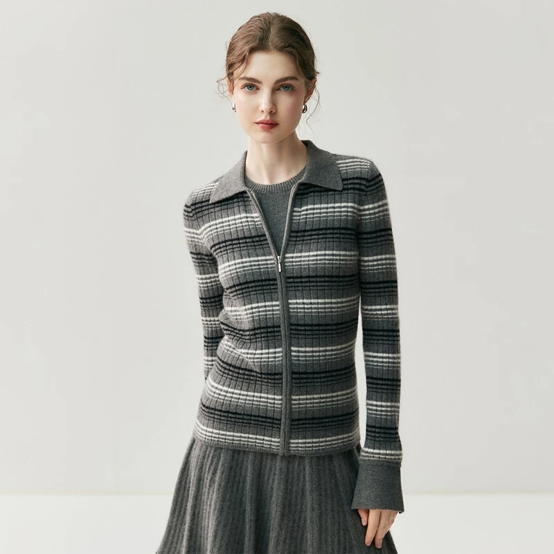 

ANGEL Women Slim Zipper Cardigan 100% Cashmere Sweater Autumn Winter Luxury Strip POLO Neck Shirt Cashmere Knitted Cardigan Top