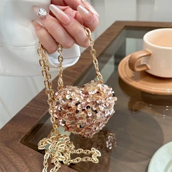 Super Mini Crossbody Bag Women Luxury Gold Silver Sequined Evening Purse Cute Heart Love Handbag Lipstick Pack Headphone Bags