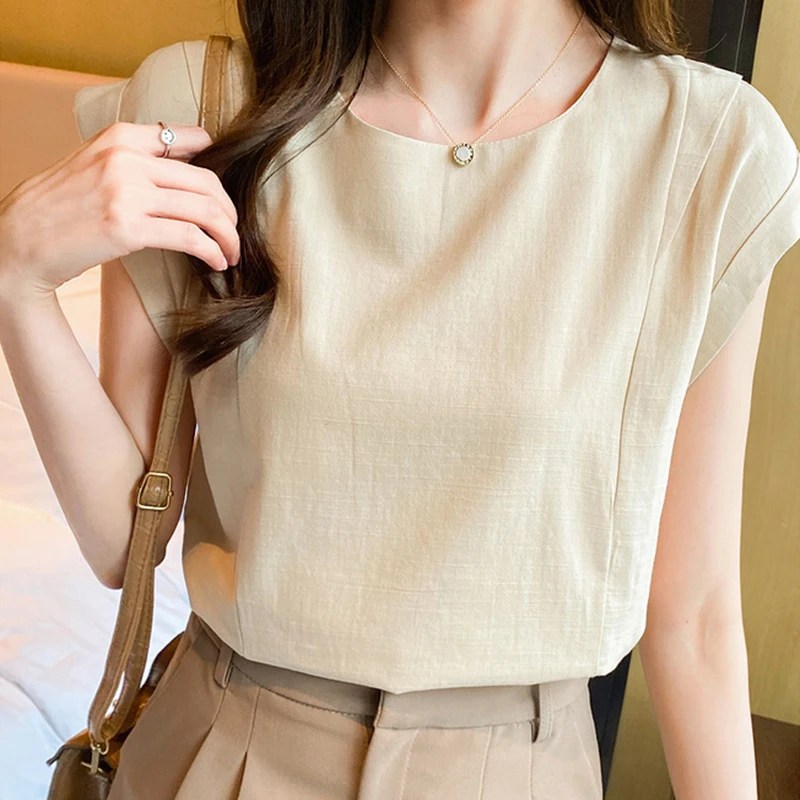 

2023 Summer Casual Short Sleeve Shirt Women Korean O-neck Sleeveless Cotton Linen Blouse Women Fashion Loose Ladies Tops 21234