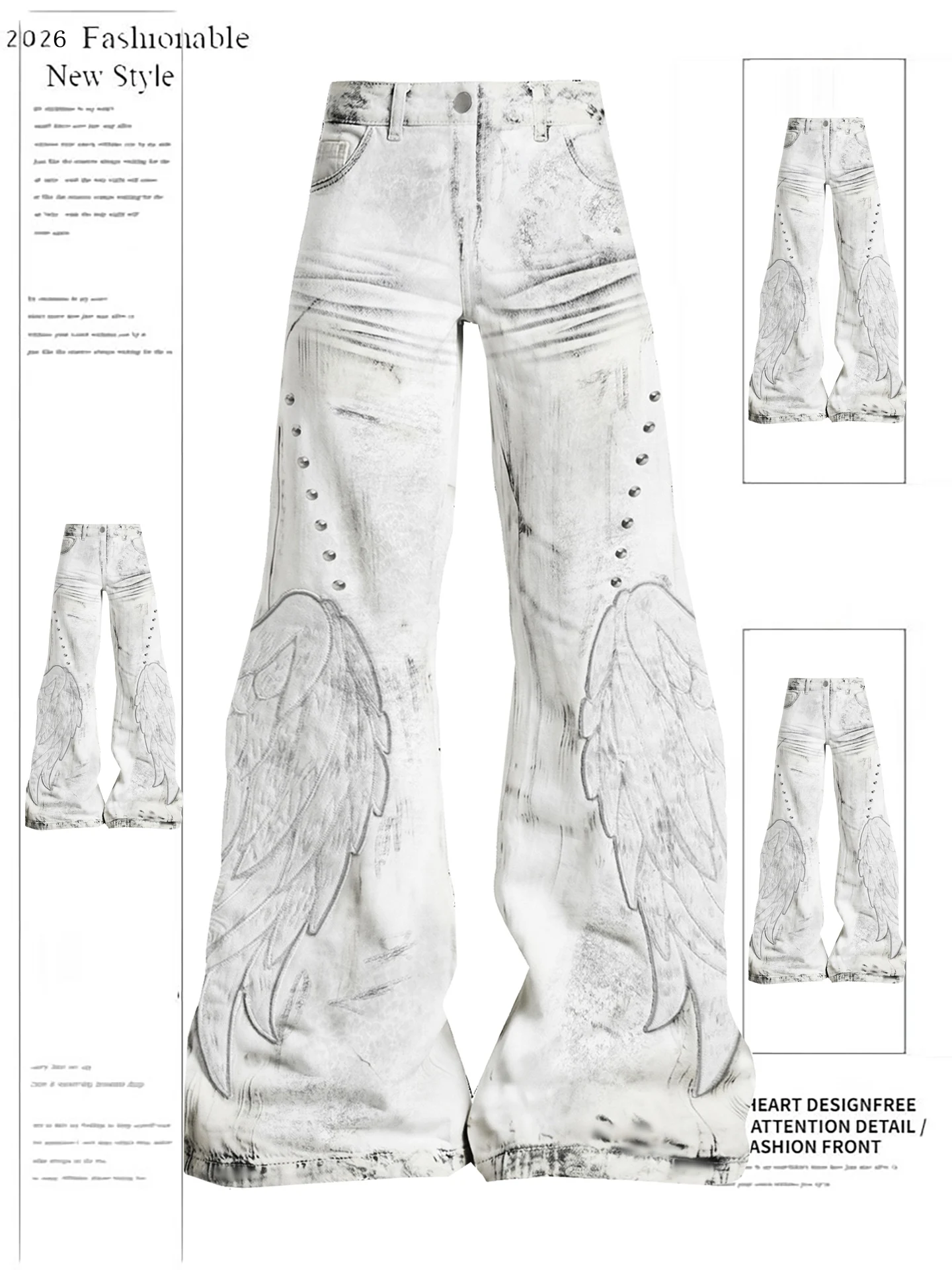 

Retro American Wings Patchwork Micro Flared Denim Pants Women's Punk Sle Spring High Waist Straight Leg Pants Long Trousers