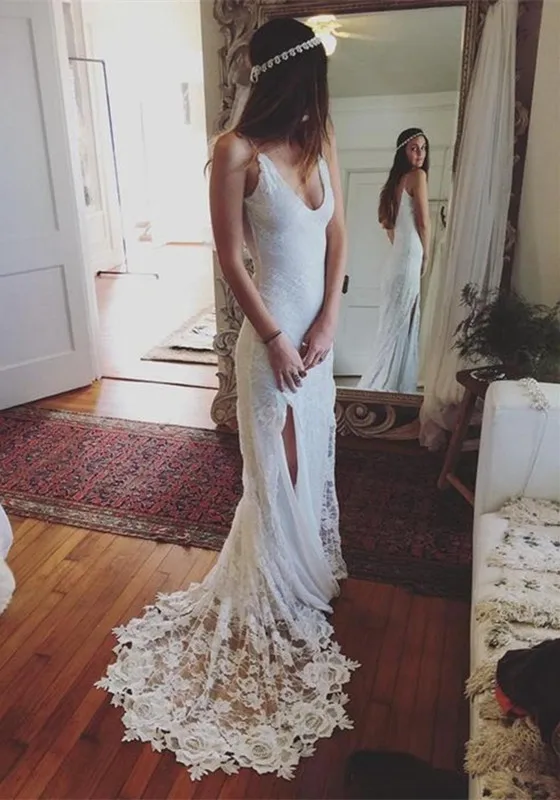 Romantic Boho Wedding Dresses 2022 Backless Lace  Mermaid Vestido De Matrimonio Elegant Spaghetti Ivory Wedding Bridal Gowns