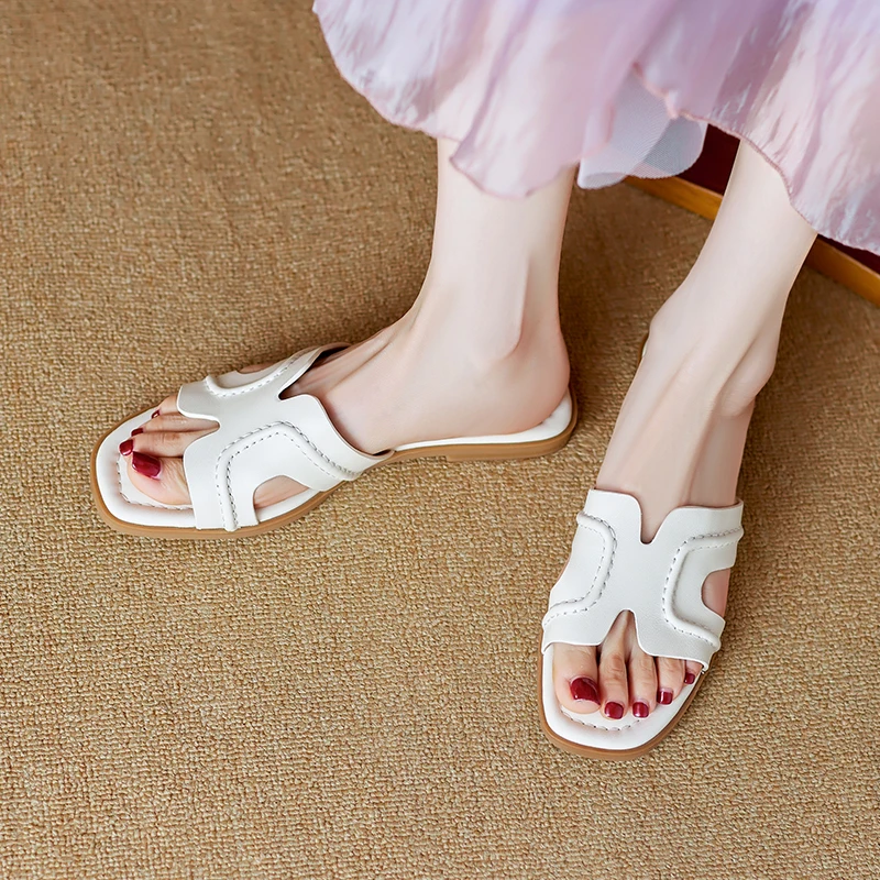 

Summer New High Quality Women's Sandals Slippers Flat Heels Flip-flops Fashion Women's Cow Leather Beach Sandals Summer Shoes