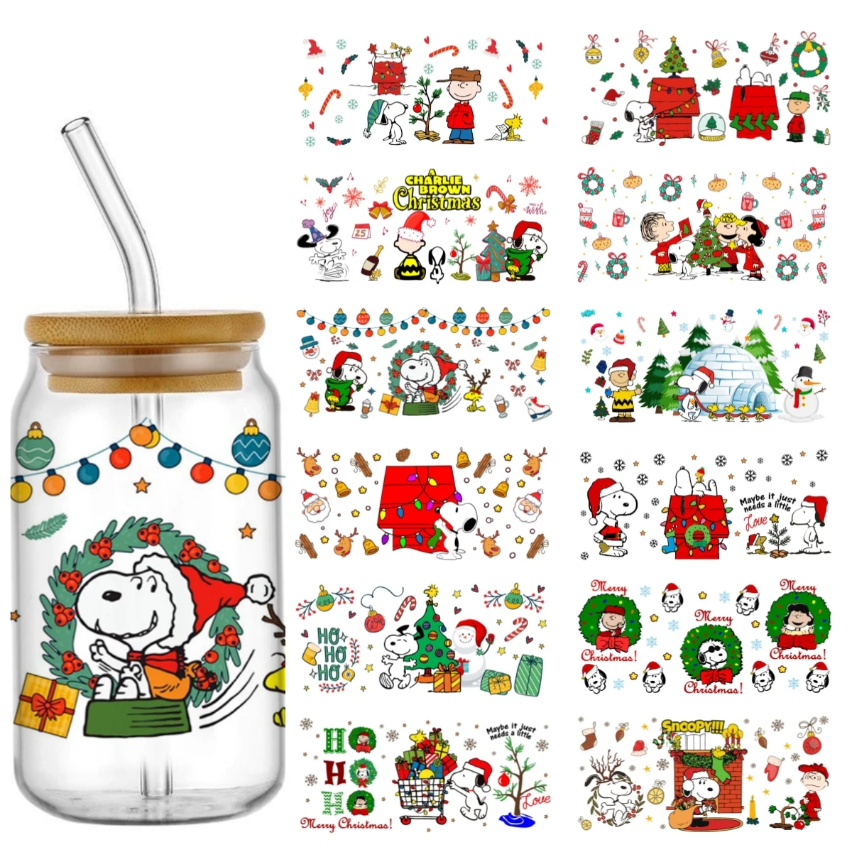 Miniso Christmas Day Snoopy 16OZ UV DTF Cup Wrap Transfer Sticker For Glass Libbey Can Bottle Selfadhesive Washable DIY Custom