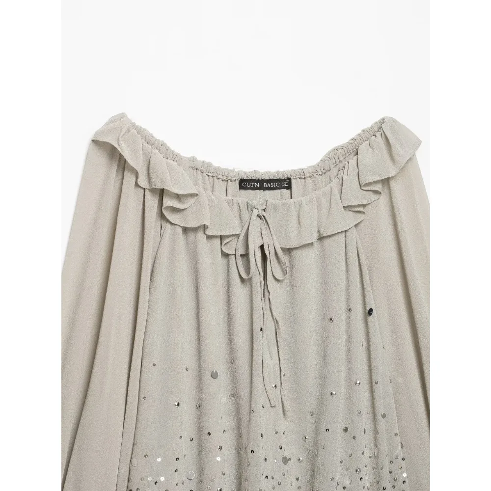 Elegant Fashion Women Georgette Shimmer Ruffle Mini Dress New in Fabulous Gray Long Sleeves Short Dress with Rhinestone Appliqué