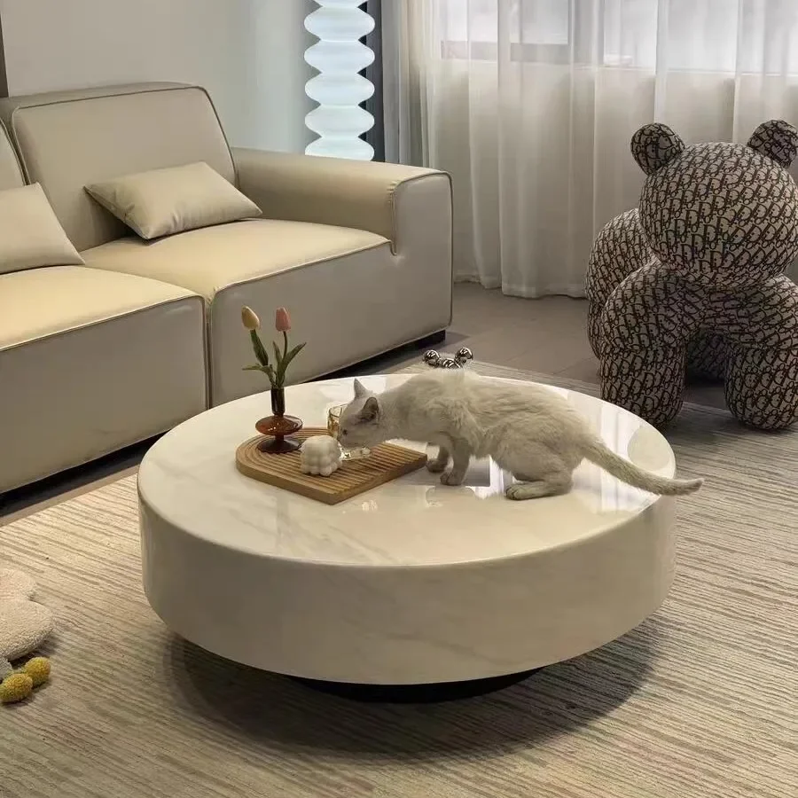 Italian minimalist cream style marble round coffee table light luxury modern living room home small apartment high sense simple