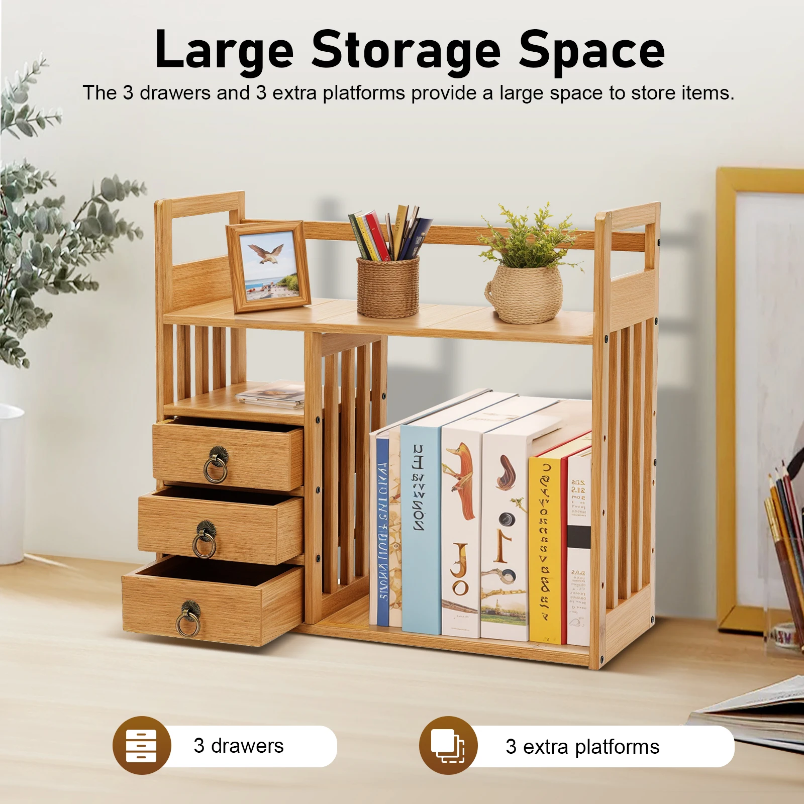 

Bamboo Tabletop Bookshelf 19.7*7.5*17.7in Storage Organizer Display Shelf Rack Desk With 3 Drawers