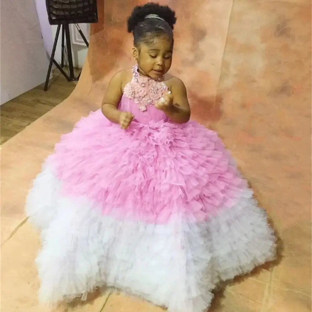 White Pink Girls Birthday Dresses Tiered Ruffles Flower Girl Dresses for Wedding Party Baby Kids Prom Gown for Photoshoot