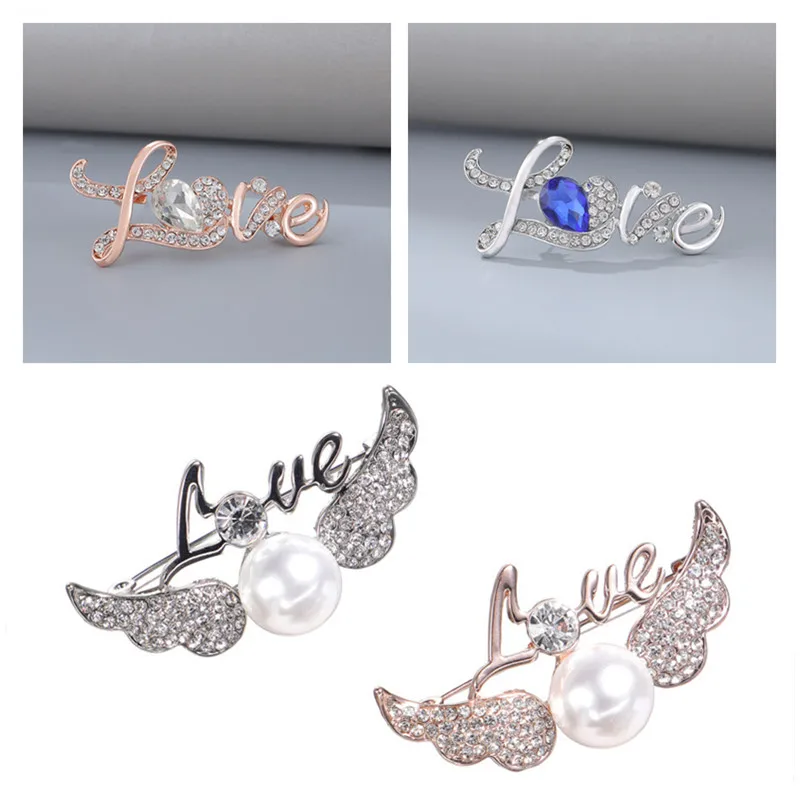 Love Brooches for Women Men Suit Pearl Rhinestone Jewelry Angle's Wings Letters Metal Pins Accessories Wedding Party Gifts Pins