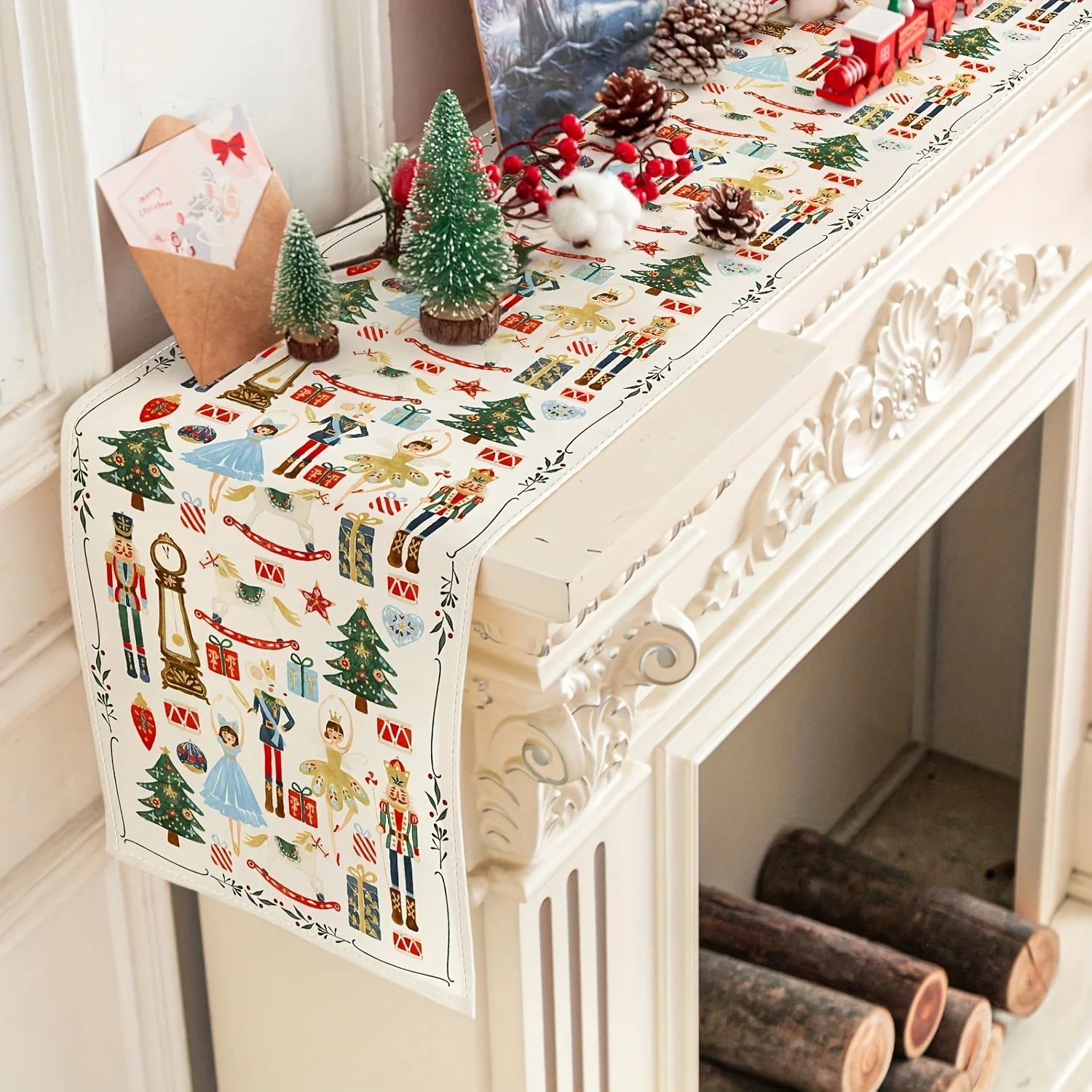 Vintage Nussknacker Weihnachten Tischläufer Aquarell Urlaub Dekor Polyester Rechteckige Tischdecke für Küche Weihnachtsdekoration