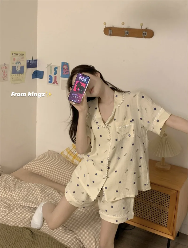 2024 New Cute Pajama Set Women\'s Summer Short Sleeve Cardigan Sweet Little Polka Dot Print Japanese Style Loungewear Set