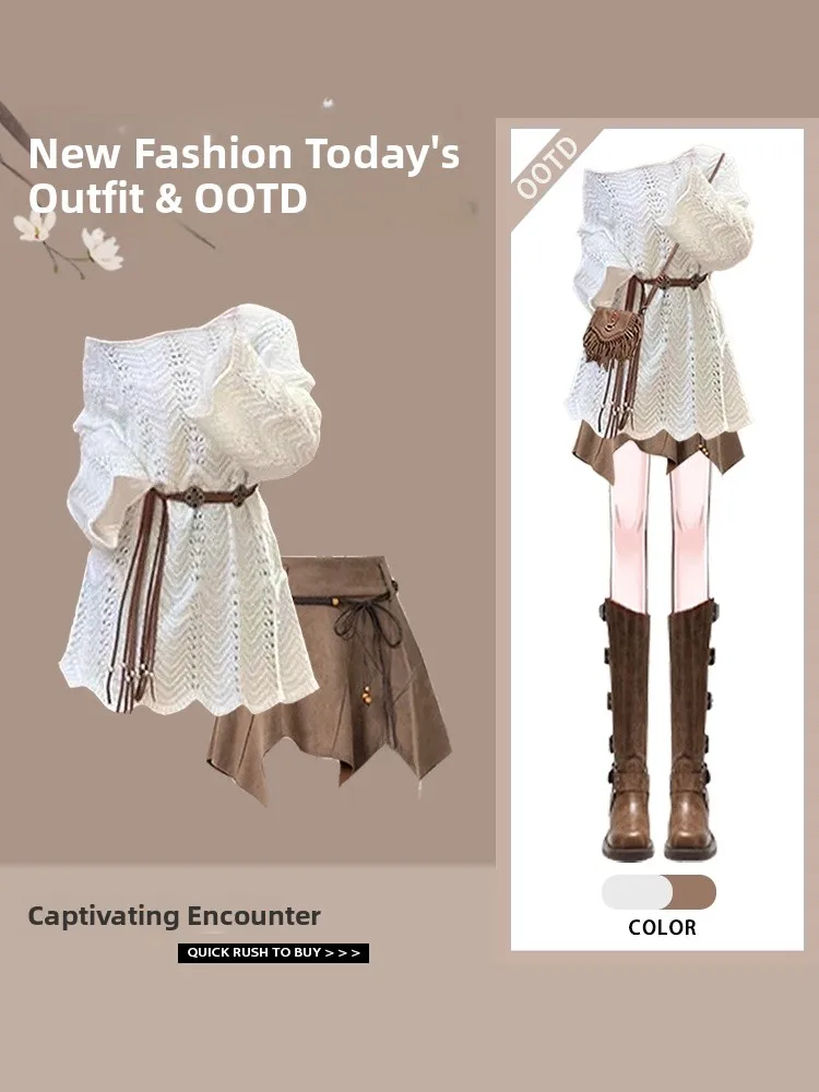 Laid-ba Loose Knitted Sweater ort Sle Two-piece Set Spicy Girl Spring 2025 New Arrival Polyester Fiber Long Sve roun...