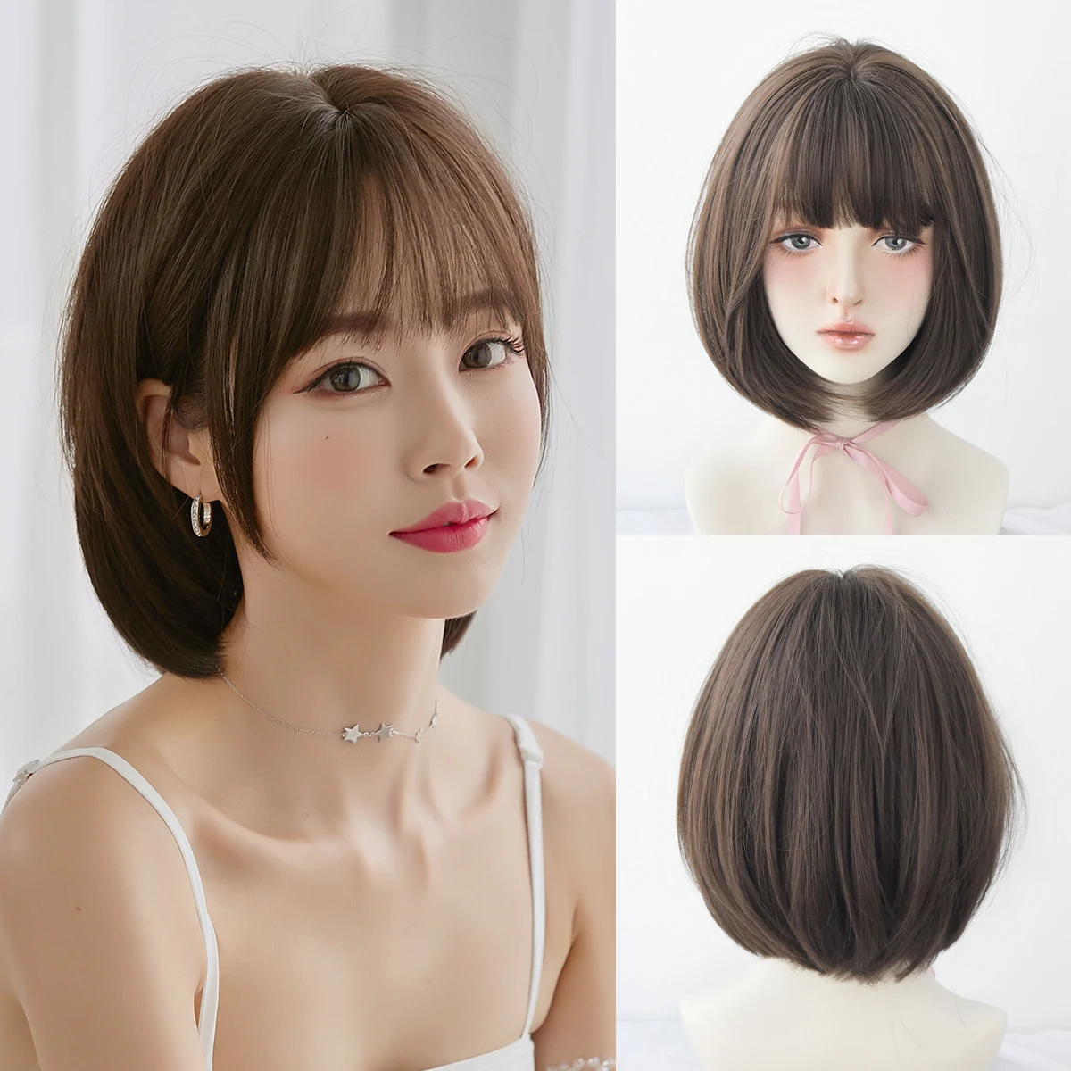 7JHH WIGS Kurze, glatte, coole braune Perücke für Damen, synthetische, modische, sofort tragbare Schokoladen-Bob-Perücken mit ordentlichem Pony