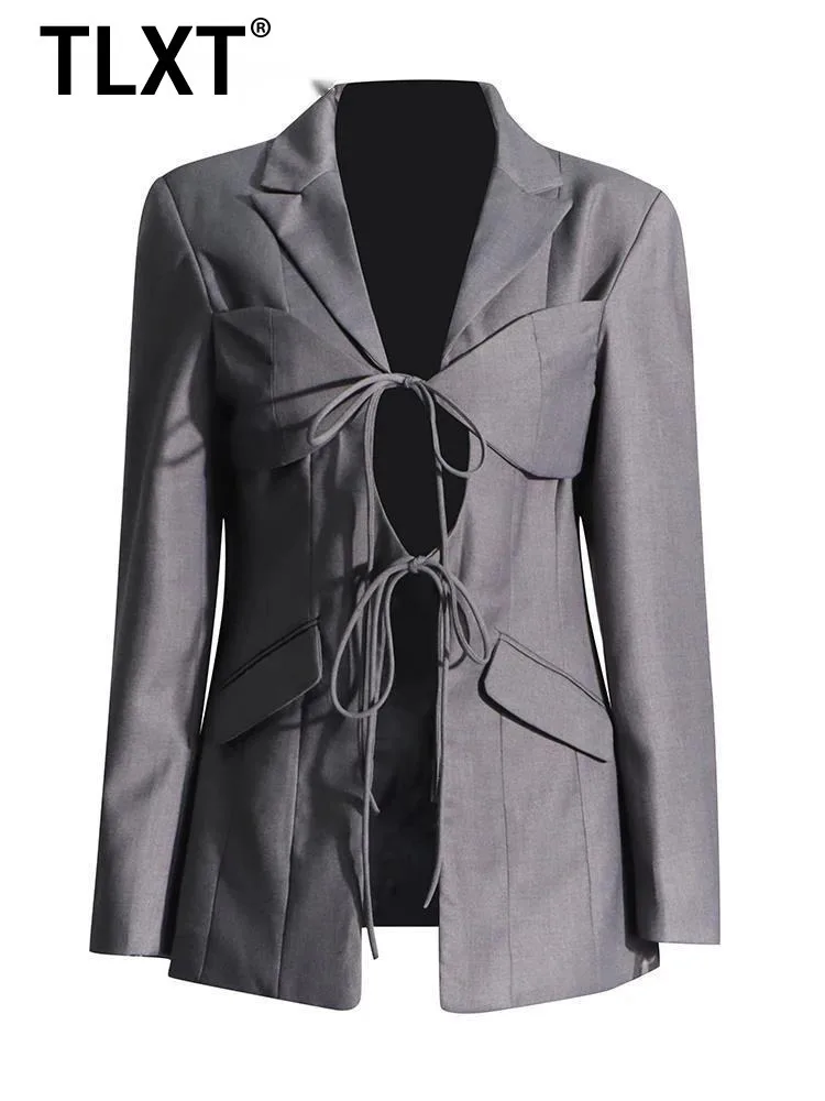 

TLXT модный женский однотонный ажурный блейзер на шнуровке с зубчатым воротником и длинными рукавами в стиле пэчворк, шикарный женский блейзер с карманами, новинка