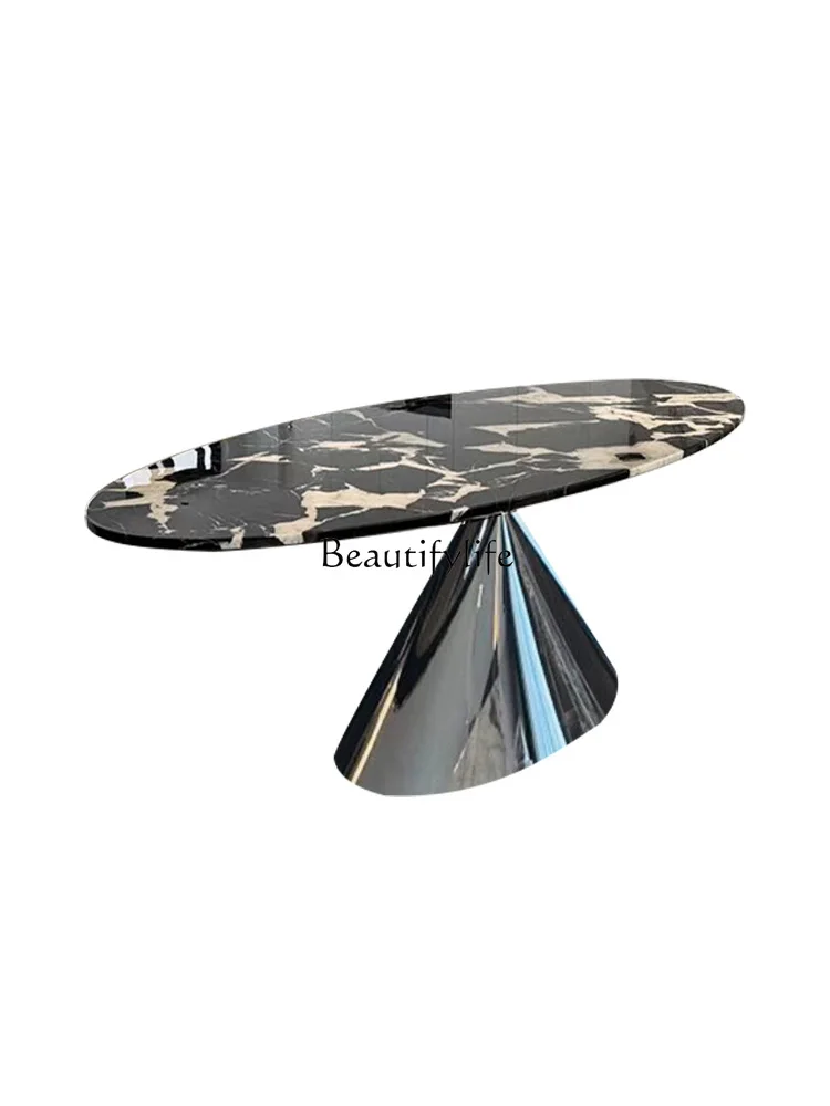 

black marble dining table Italian light luxury villa oval stone table