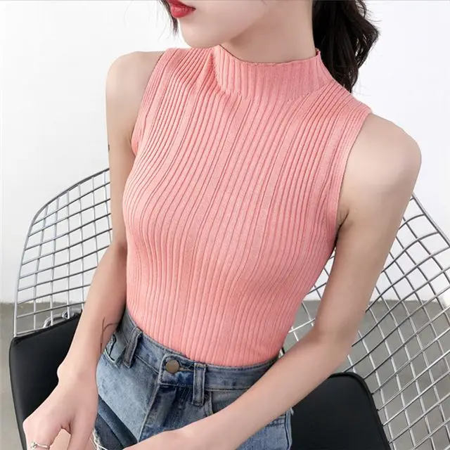 

Half High Collar Wide Patterned Striped Knitted Tank Top for Women's Summer New Retro Chic Sleeveless Top Bottom Crop Top