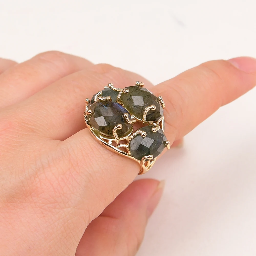 

GG Natural Labradorite Shimmer Stone Gold color Electroplated Rings Adjustable Gems Ring For Lady