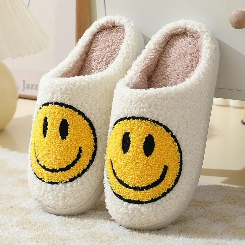 Cute Thick Soles Cartoon Anti Slip Interior for Home Use Smiling Face Autumn/winter Furry Couple Cotton Slippers Women's Bags