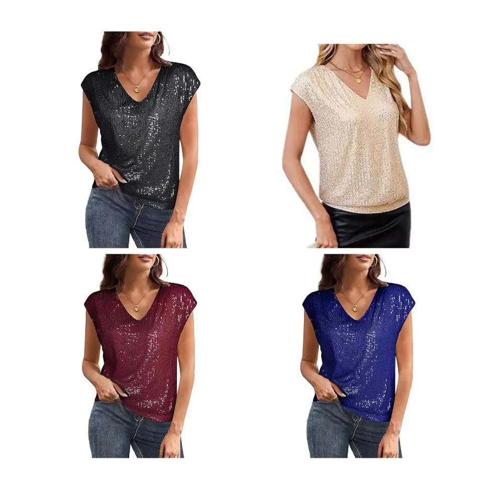 

2026 Fashion Women Sexy Deep V Neck Short Black Sequined Smock Blouse Lady Chic Short Sleeve Party Shirts Blusas Tops Loose Fit
