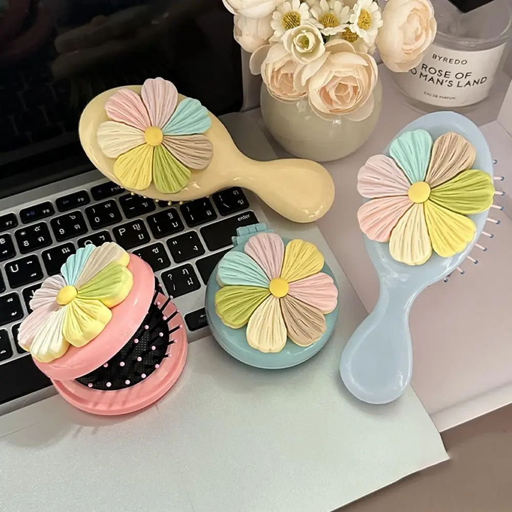 Portable Cake Flower Air Bag Comb Massage Comb Pocket Mirror 2 in 1 Comb Mirror Set Hair Brush Girl Heart Foldable Mirror Comb