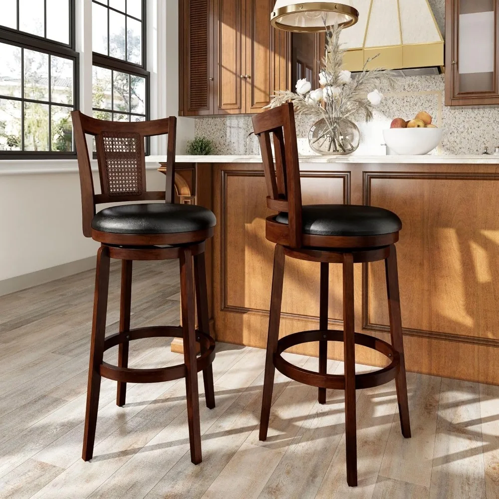 โซฟาและวิลเลียม เก้าอี้บาร์หมุนได้ ชุด 2 ตัว เก้าอี้บาร์ทรงสูงพร้อมพนักพิงและขาไม้เนื้อแข็ง หุ้มหนังเทียมสีน้ำตาล สำหรับห้องครัว