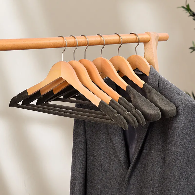 Flocking Hanger Solid Wood Premium Sweater Clothes Hanger Men's Women's Wooden Hanger Retro Clothes Rack Custom Logo