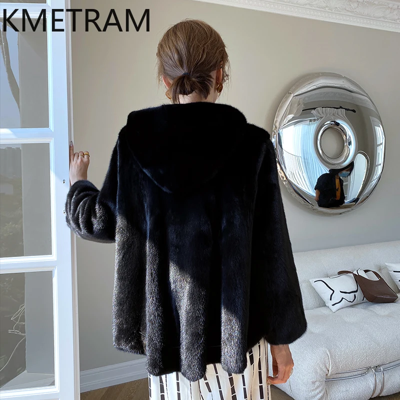 จริงทั้งMink Fur Coatผู้หญิงHoodหรูหราสีดําเสื้อขนสัตว์ใหม่ในOuterwearsคุณภาพสูงฤดูหนาวเสื้อผ้าสตรี 2025ба