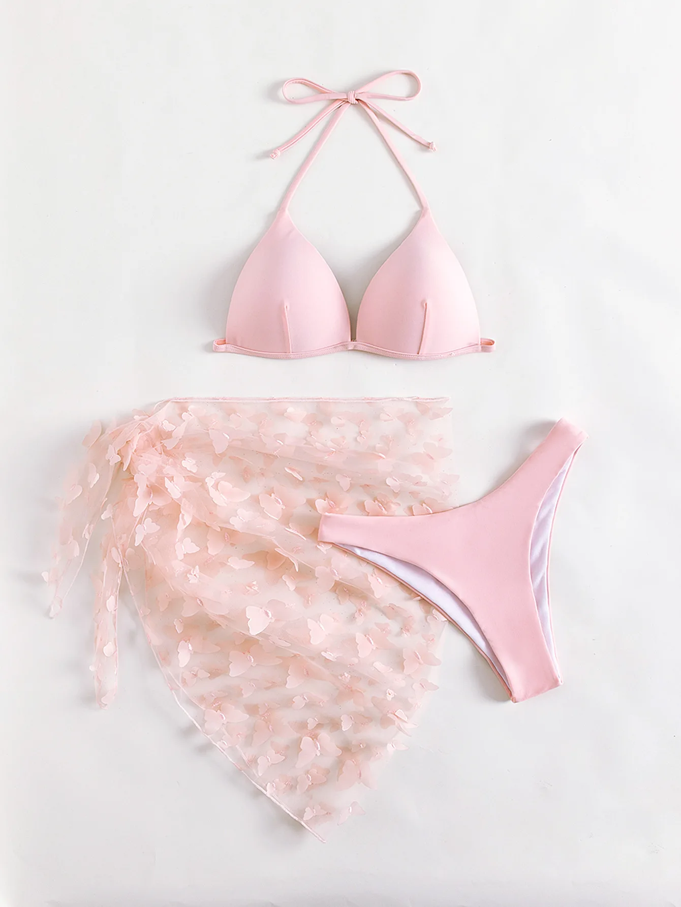 2026 3-teiliges Bikini-Set mit Strandkleid, sexy einfarbig, Neckholder und seitlich gebunden, passendes Cover-Up, Urlaubs-Badeanzug-Outfit, Sommerkleid