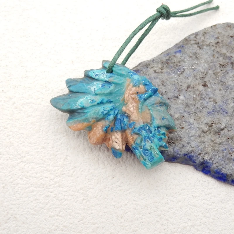 Natural Stone Chrysocolla Carved Indian Head Pendant Bead,Fashion Jewelry Necklace Accessories 37x25x5mm 7g