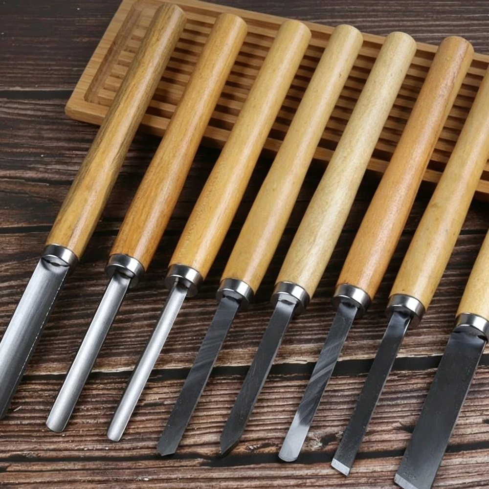 8Pcs Wood Turning Chisel Set 65Mn Steel Lathe Chisels Wooden Handle Woodworking Lathe Carving Tools Kit