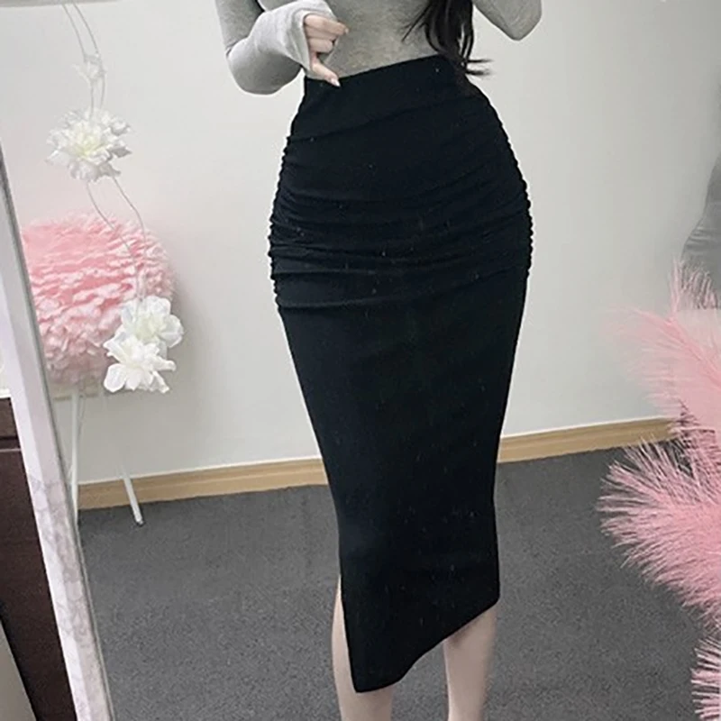 Lápis de algodão saia feminina midi saia verão casual senhoras escritório magro cintura elástica saias das mulheres roupas faldas mujer moda 2022