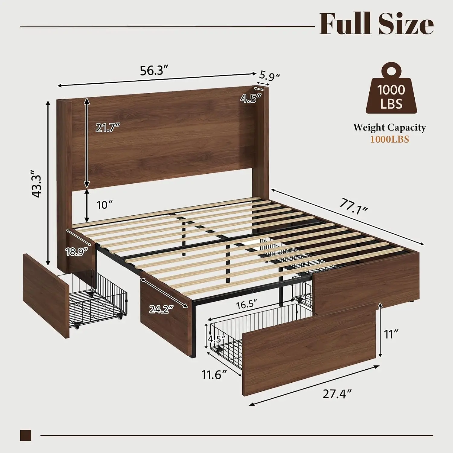 Full Size Bed Frame with Headboard & 4 Storage Drawers, Mid-Century Modern Platform Bed with LED Lights & Wingback,, Customized