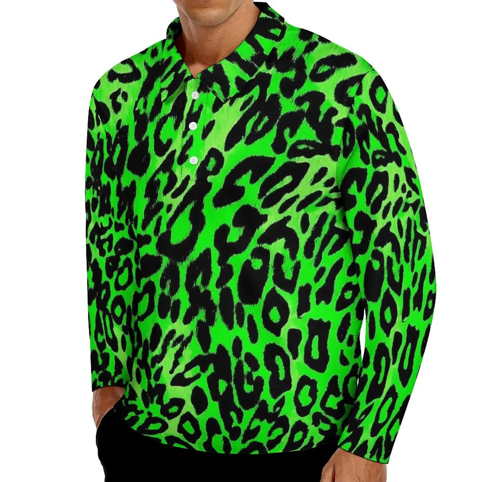 

Green Leopard Texture Polo Shirt Spring Animal Print Casual Shirt Long Sleeve Turn-Down Collar Stylish Printed Oversize T-Shirts