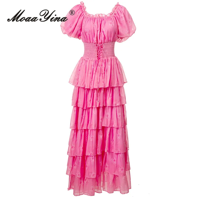 

MoaaYina 2025 Spring And Summer Lantern Short Sleeve Square Collar Flower Printed Elastic Waist and Floor Dress