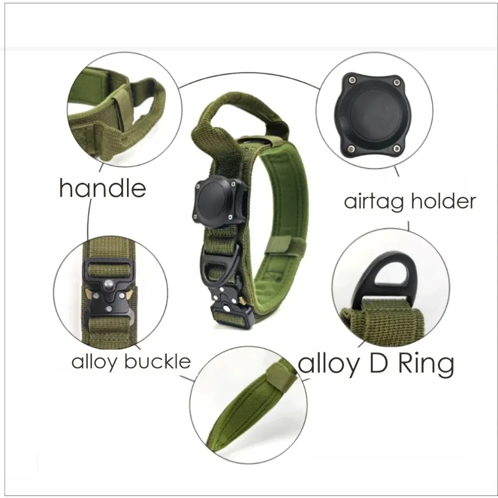 AirTag Dog Collar With Handle For Large Dogs Military Heavy Duty Nylon Metal Buckle Integrated Holder Tactical Outdoor Walking