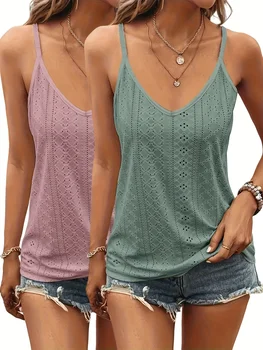 4975-254fd0.jpg 2 Pieces of Women's Y2K Style V-Neck Vests, Fashionable Elastic Perforated Sleeveless Vests, Solid Color