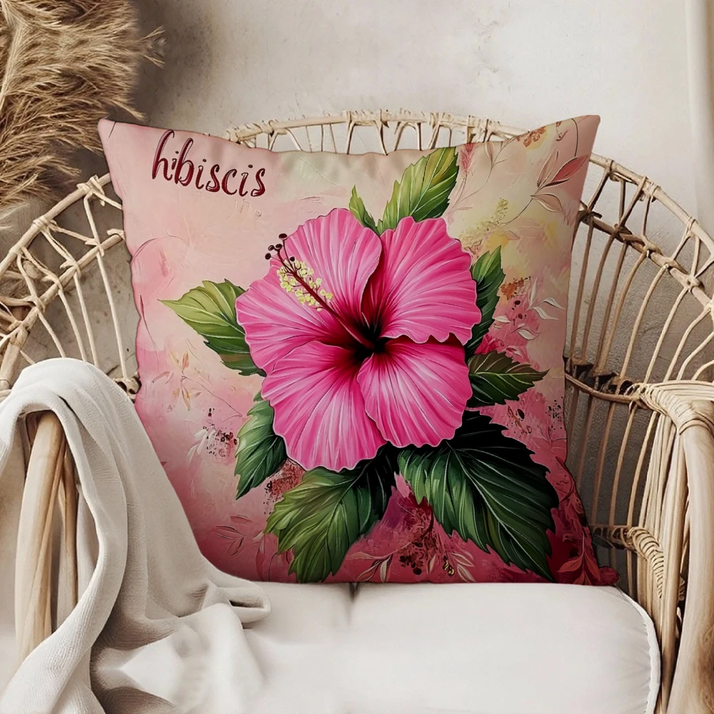 Square Throw Pillow Cover Pink Hibiscus Flower Print With Text For Living Room Sofa Bedroom Home Decor Cushion Case