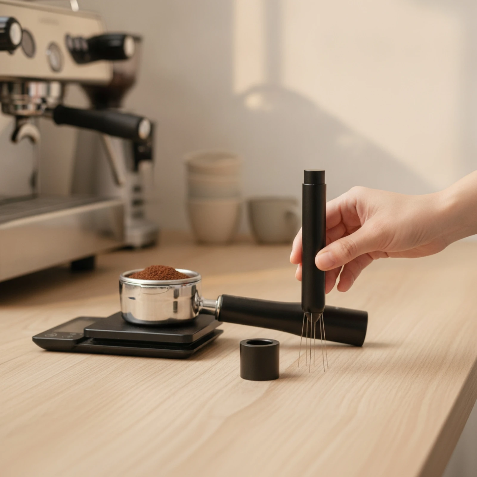 Espresso Stirrer with Attractive Base Slim Espresso WDT Tool Needle Distributor with Base Matte for Baristas, Café