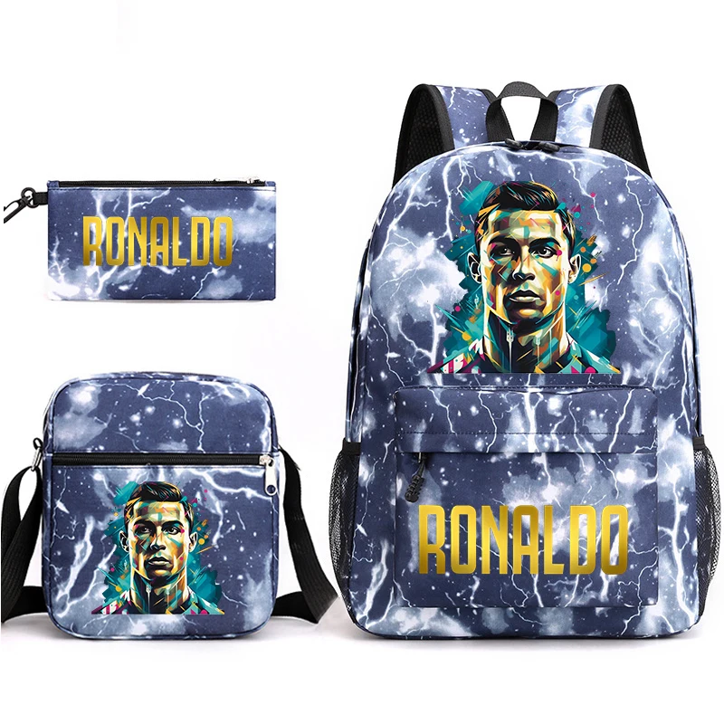 Ronaldo Print Student School Bag 3-piece Casual Children\'s Backpack Pen Bag Shoulder Bag Set