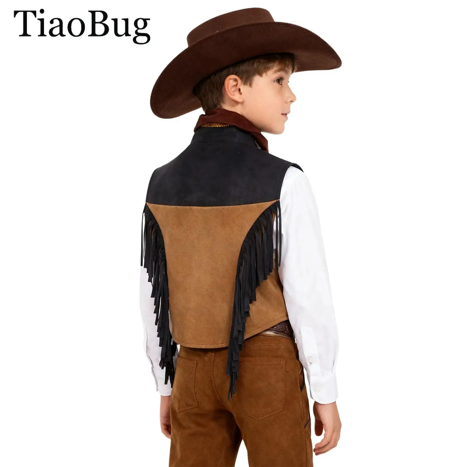 

Boys Girls Halloween Western Cowboy Costume Tassels Waistcoat Fringed Vest Jacket with Hat Bandana Set Cosplay Fancy Dress Up