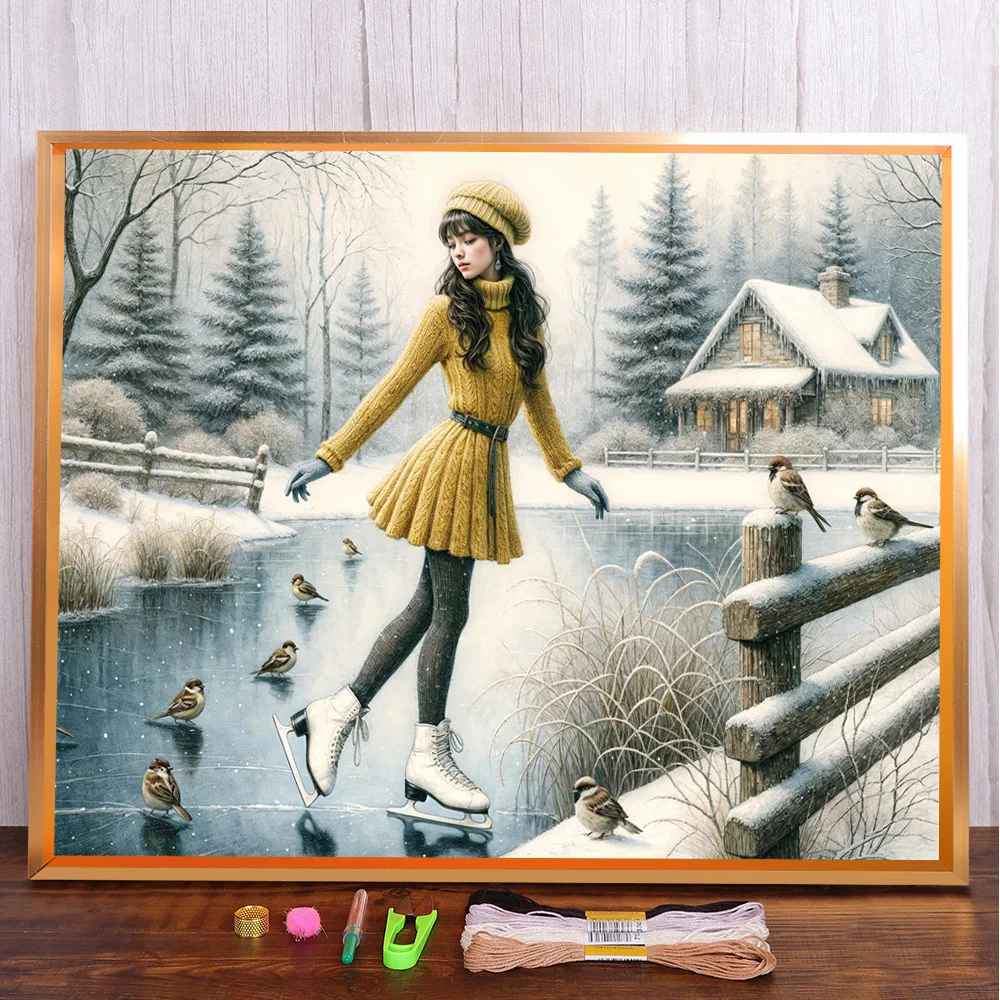 Skating Girl Printed Water-Soluble Canvas Cross-Stitch Full Kit Embroidery Handmade Knitting Sewing Hobby Sales Jewelry Mulina