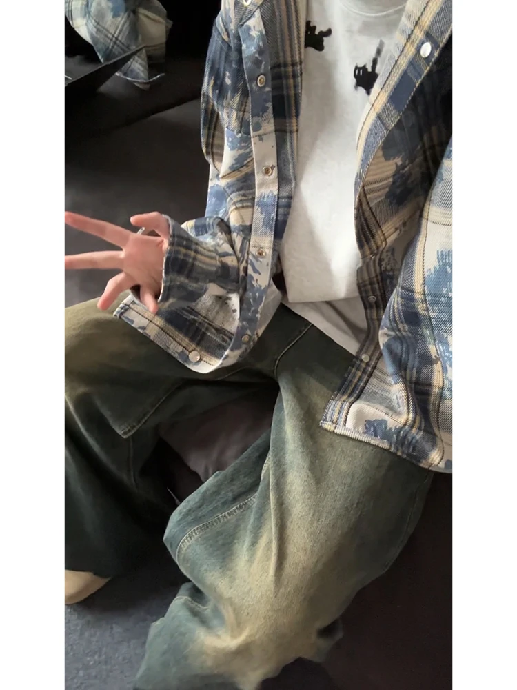 Blue Tie Dye Plaid Men's Long Sve irt Premium Feeling Cool Haome  American Sle Baroque Coat Youth Trend Polyes...