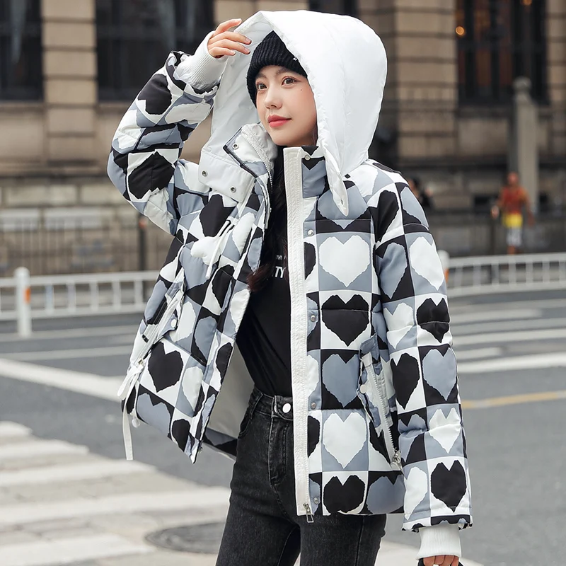 EHQAXIN Winter Women's New Love Down Cotton Jackets 2024 Casual Loose Korean Fashion Print Thickened Thermal Hooded Coats S-2XL