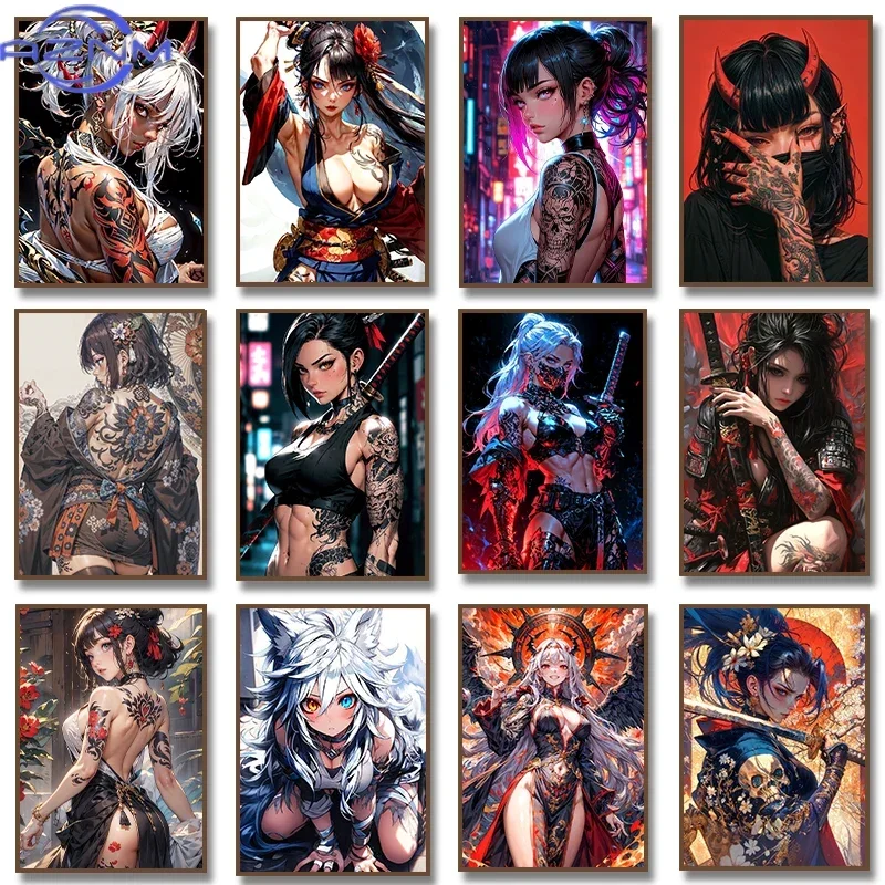 Sexy Beauty Anime Tattoo Girl Canvas Painting Wall Art Japanese Geisha Poster Prints Poster for Living Room Home Decor Framel